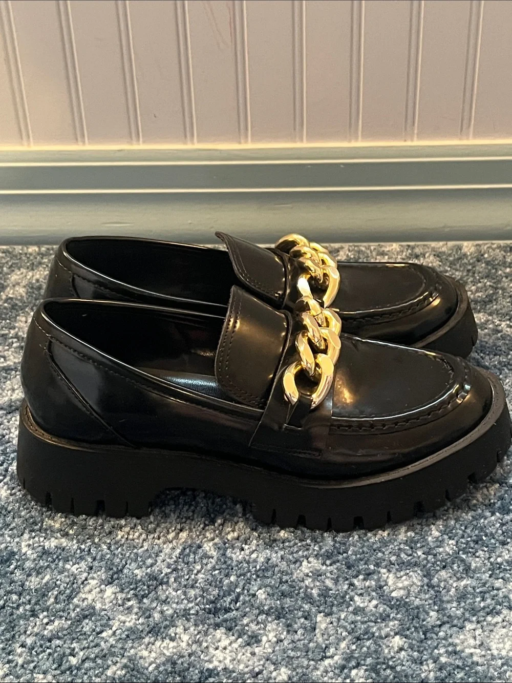 GUESS Black Platform Chain Loafers Chunky Lug Sole Slip On Shoes 7